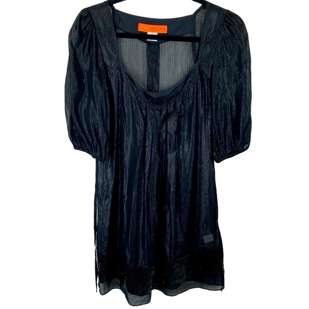 Cynthia Steffe sz 0 Black Metallic Silk Sheer Mini Dress Balloon Sleeves Sequins